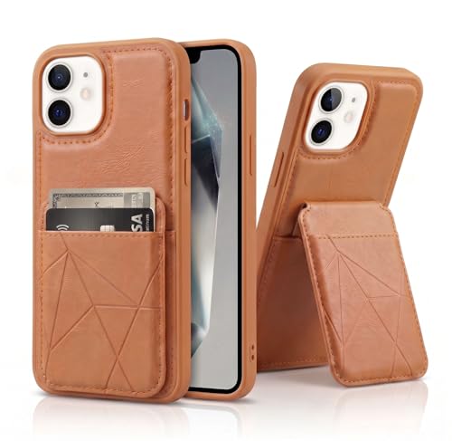 Image of amazon basics Premium Vegan Leather Back Cover with Card Holder and Integrated Mobile Stand for iPhone 12 - Slim Shockproof Wallet Case with Geometric Stitching [Tan]