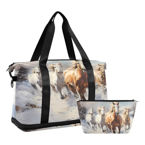 ALAZA Horse Herd Running Animal Travel Duffel Bag for Women Men Sports Gym Bag with Shoe Compartment Tote Weekender Overnight Bag with Wet Pocket for Travel, Gym,Yoga,Swimming