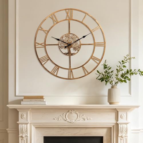 Ohweog 48 Inch Large Wall Clock for Living Room(Quick Assembly) Bronze Metal Clock with Nature-Inspired Tree Design Silent Non-Ticking Battery Operated Roman Numeral Wall Clock for Home Decor
