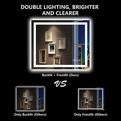 Image of 48x36 Inch LED Bathroom Mirror with Lights Front and Backlit Lighted Vanity Mirror for Bathroom Wall with 3 Colors Dimmable Anti-Fog Memory Shatter-Proof IP54 Waterproof Horizontal /Vertical