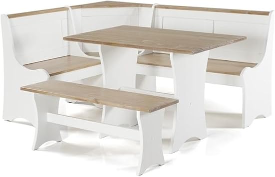 Riverbay Furniture Traditional Solid Wood Dining Nook Set with Table & Bench & Corner Unit, Assembly Required, Seats Up to 5 People, for Kitchen and Dining, in Antique White Finish