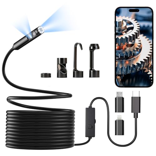Cámara Endoscópica de Doble Lente con Luz, POLEDY 1920P HD Borescopio, 8 Luces LED Ajustables, Resistente al Agua IP67, Cámara de Serpiente de 5m, Cable Semirrígido para Inspección Compatible con Android e iOS