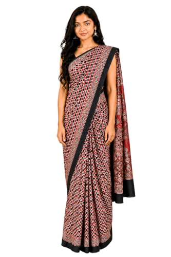 Image of Ethnics of Kutch Womenss Ajrakh Modal Silk Natural Dye Hand Block Print Saree with Blouse Piece - 5.5 Mtr Length