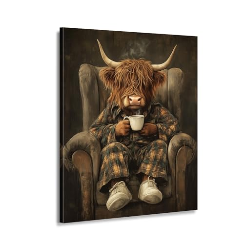 Tableau vache des Highlands sur canapé 30x45 cm encadré pour déco de chambre