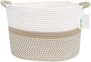 OYHOMO Cotton Rope Storage Basket Collapsible Toys Storage Bin with Handle Woven Baby Laundry Hamper Nursery Organizer Home Decor Gift, White & Khaki