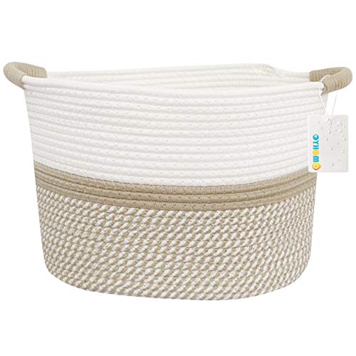 OYHOMO Panier de Rangement en Corde de Coton Tissé Panier à Linge Bébé Boîte de Rangement Pliable Organiseur pour Jouets, Serviettes, Chambre d’Enfant, Maison Décor, Blanc&Kaki Cover