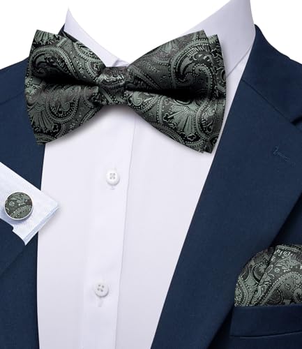 Image of Barry.Wang Paisley Striped Bow Tie for Men Silk Pre-Tied Bowtie Pocket Square Cufflinks Set Formal Wedding Party Prom