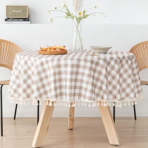 Rakila Polyester Checkered 78 Inch Round Tablecloth with Handmade Tassel Waterproof Wrinkle Free Table Cover for Kitchen Party Outdoor, Khaki Style 1 by Rakila - Used condition - US$31.68