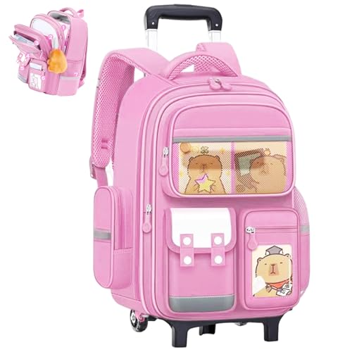 Joygoodta Zaino rotolante con ruote zaino capybara di capacità con manico a scomparsa e borsa da scuola da cartone animato a cinghia per bambini studente