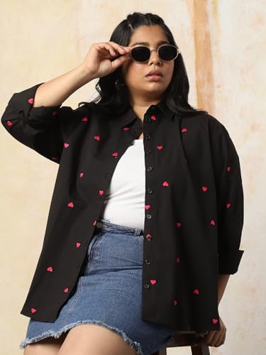 Image of HIGH Star Oversized Embroidered Cotton Shirt for Women | Stylish Tops for Women | Comfortable and Trendy Casual Shirt