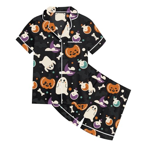 Girls Satin 𝙋ajama Set Halloween Pumpkin Ghost Print Shirts And Shorts Short Sleeve Button Down Soft 2 Piece Outfits