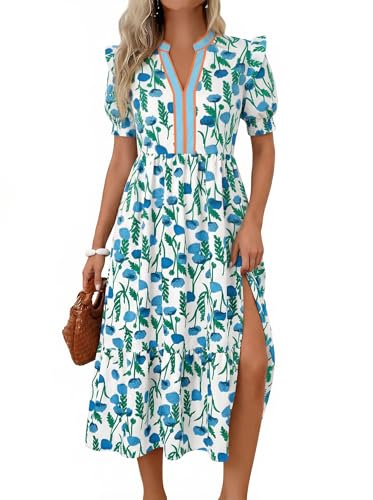 Image of Wenrine Womens Summer Midi Dress Casual Floral Puff Short Sleeve V Neck Swing Flowy Boho Beach Dresses with Pockets