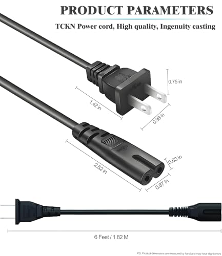 TCL Roku TV 2 Prong Power Cable Plug Replacement - AC Power Cord for TCL Roku Smart LED LCD HD TV 24\" to 85\" - Black, 6 Feet, 2-Slot, 18AWG, NEMA 1-15P, Non-polarized, 125V 10A - Thumbnail 7