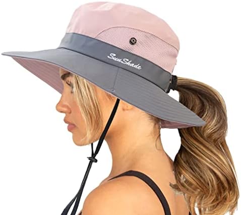 Womens Summer Sun-Hat Outdoor UV Protection Fishing Hat Wide Brim Foldable-Beach-Bucket-Hat with Ponytail-Hole (Pink)