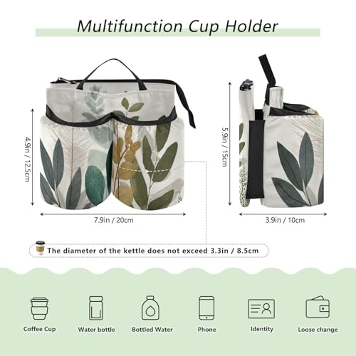 Image of Luggage Cup Holder for Suitcases Free Hands Suitcase Cup Holder Travel Luggage Drink Holder Portable Luggage Cup Caddy Bag Carrier with Handle Beige Boho Style Leaves