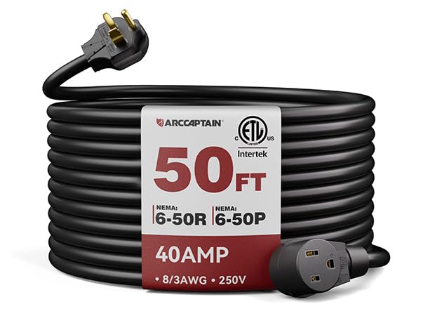 ARCCAPTAIN 40Amp 50ft Welder Extension Cord 8 AWG 250V NEMA 6-50 Heat-Resistant Welding Cord 3 Prong for MIG/TIG/MMA Welder Plasma Cutter