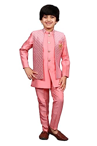 Image of AHHAAAA Kids Ethnic Silk Blend Waistcoat Kurta Pyjama 3 Piece Sherwani Set For Boys |540|