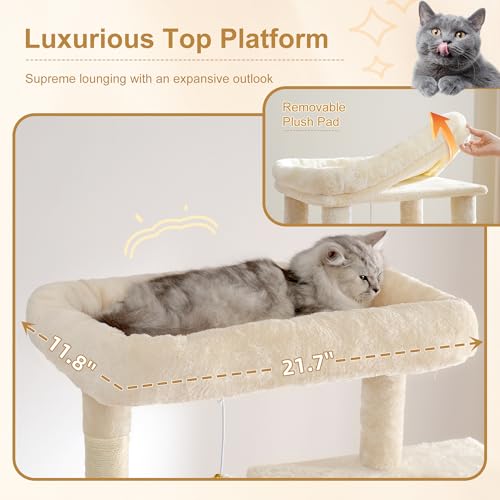 Image of Heybly Cat Tree, 76-Inch Tall Heavy Duty Cat Tower for Big Cats HCT039M | Multi-Level Large Cat Furniture with Extra Wide Baseboard, 2 Condos & 2 Hammocks, 10 Scratching Posts, Beige