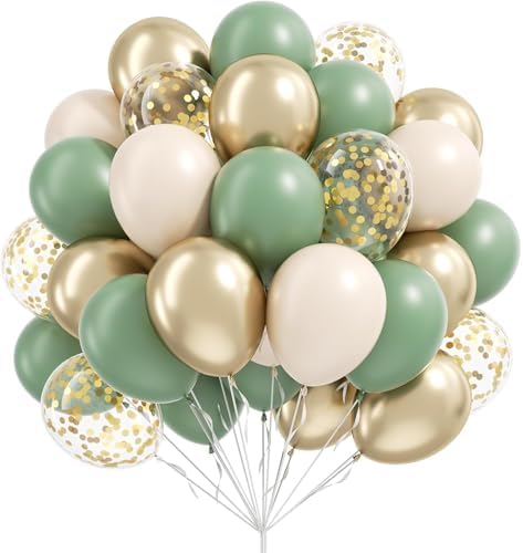 Sage green Balloons 65pcs 12inch Latex Sage green Sand White Metallic Gold Confetti Balloons for Boho Birthday Weddings Baby Showers, Bridal Showers Party Decorations