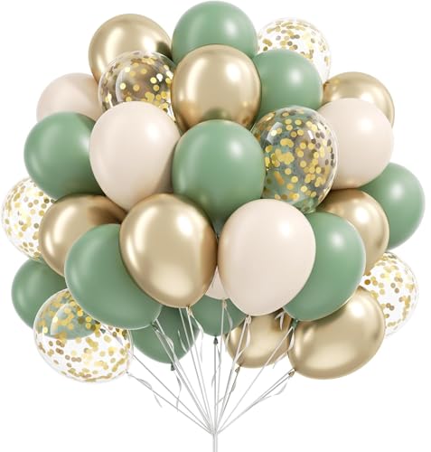 LAOREI 65PCS Sage Green Balloons 12inch Latex Sage Green Sand White Metallic Gold Confetti Balloons for Boho Birthday Weddings Baby Showers Bridal Showers Party Decorations