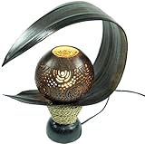 Guru-Shop Lampe de Table Feuilles de Palmier / Lampe de Table, à la Main Bali à Partir de Matériaux Naturels, Bois de Palmier Sculpture Modèle Palmera, Brun, 32x30x16 cm