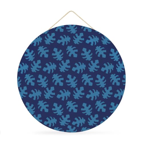 Round Welcome Sign for Front Door, Monstera Leaves Print Hanging Metal Farmhouse Wall Decor for Porch Entryway, Summer Tropical Plants Boho Blue Decoration for Holiday Housewarming Gift, 12 in