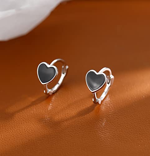 Reffeer Solid 925 Sterling Silver Love Heart Hoop Earrings for Women Teens Black Heart Hoop Earrings Huggie4