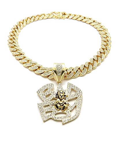 MAXBLING81 Hip Hop Rapper Style Jewelry Simulated Diamond Gold Silver Plated Bad Boy Charm Pendant & 13mm 16" 18" 20" 24" Iced Cuban Chian Necklace Gift (PENDANT & 16" CHAIN, GOLD)
