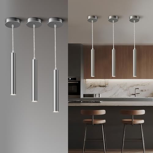 UPZXKJ Modern Brushed Nickel Pendant Light, 10W Dimmable Integrated COB LED Adjustable Hanging Downward Lighting Fixtures for Kitchen Island, Dining Room, Bar, 4000K Neutral White, ETL Driver, 3 Pack by UPZXKJ - Used condition - US$29.99