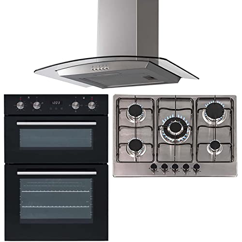 SIA 60cm Black Built In Double Oven, 70cm 5 Burner Gas Hob & Curved Cooker Hood