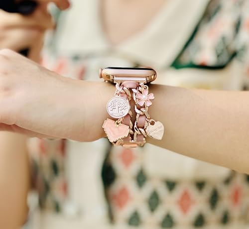Bracelet Band with Cute Charm Compatible for Apple Watch 38mm 40mm 41mm 42mm (S11/10) Women, Cuban Chain Strap for iWatch Series 11 10 9 8 7 6 5 4 3 2 SE, Pink&Rose Gold - image 4