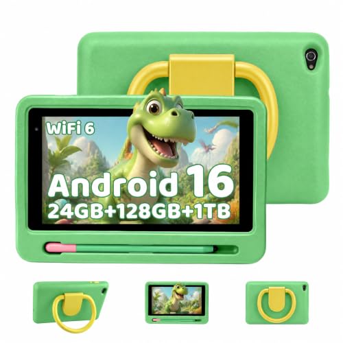 Image of Kids Tablet with Shockproof Case Stylus, Android 16 Tablet for Kids, 24GB RAM 128GB ROM 1TB TF Card Expand, Parental Control, Eye Protection, Dual Camera, 7 inch Tablet, WiFi 6 BT5.4, Green