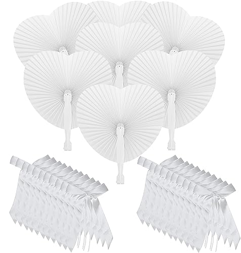 XCMVCN Fächer Hochzeit für Hochzeit Dekoration 96er Set, 48 Weiss Handfächer Papier und 48 Weiß Autoschleifen für gastgeschenke Hochzeit, Hochzeiten Party, Taufen etc