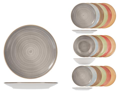 H&H Set Piatti Opera 18 Pezzi in Stoneware - Servizio Tavola Completo, Colori Assortiti, Design Elegante a Spirale