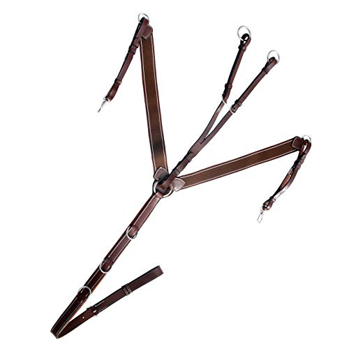 Exion Horse Elastic English Breastplate with Running Martingale Attachment & Quick Release Snaps– Padded Leather Breastplate for Jumping & Eventing– Brown Elastic with White Lines