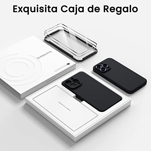 ORNARTO Funda Compatible con iPhone 14 Pro MAX 6,7", con 2 x Protector Pantalla Silicona Liquida Gel Ruber Carcasa Protección Completa a Prueba de Golpes Funda Negro