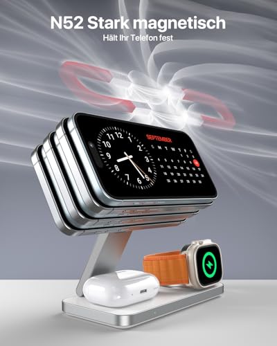 Induktive Ladestation Kompatibel mit Magsafe Ladegerät,QTlier 3 in 1 iPhone Ladestation für 17/16/15/14/13/12 Serie,20W Wireless Charger für Apple Watch 10/9/8/7/6/5/4/3 und AirPods (Tief Weiß)