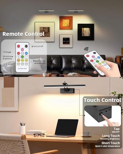 Image of 16inch Picture Lights for Wall, 5200mAh Battery Operated Art Light with Remote, 6 Color Temperature, Dimmable Metal Lights for Pictures On Wall for Living Room Bedroom Hallways Black