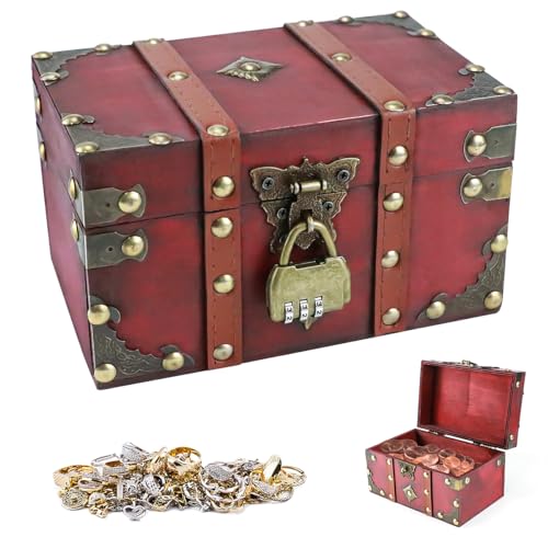 VicBou Cofre del tesoro de madera vintage, Cofre del Tesoro Caja de Almacenamiento Pirata Cajas de Madera Cofre Tesoro Aspecto Vintage con Candado para Almacenar y Decorar- 18 x 11 x 10cm