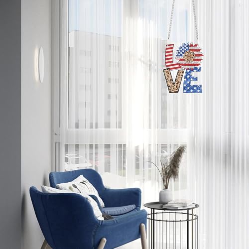 Image of AiYuanzsh Patriotic Diamond Painting Hanging Sign - Love Door Wall Decoration with American Flag Sunflower, Leopard Print, DIY 5D Rhinestone Art Craft for 4th of July Home Decor