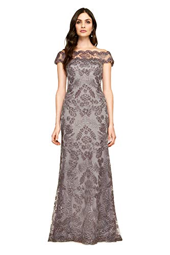 Tadashi Shoji Women's Corded Lace Illusion Neck Gown, Dark Pearl, 6