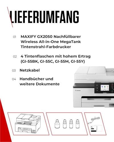 Canon MAXIFY GX2050 Drucker für den Heimgebrauch & Büro – Farbdrucker & Scanner All-in-One Kabellos | MegaTank Tintenstrahldrucker, Kopierer, Scanner & Fax | WLAN, Ethernet & USB-Verbindung A4-Drucker