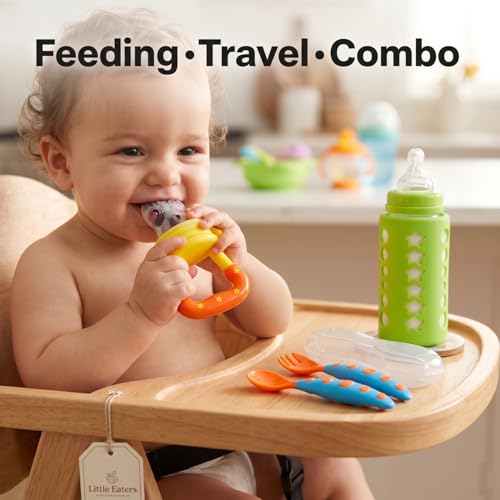 Image of Safe-O-Kid Feeding Travel Combo | 1 Feeding Bottle Cover, 1 Fruit Feeder & 1 Baby Spoon Fork Set | BPA Free Feeding Essentials Kit for Babies & Toddlers - Assorted