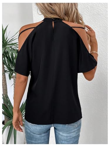 SweatyRocks Women's Cold Shoulder Criss Cross Mock Neck Short Sleeve Blouse Shirts2
