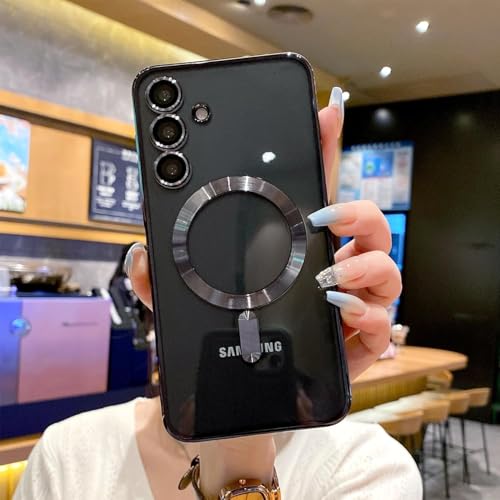 Image of VONZEE Clear Logo Electroplating Transparent Case for Samsung Galaxy A35 5G, Magnetic Plating Electroplate TPU Cover, Individual Camera Protection for Each Lens- Black