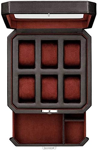 ROTHWELL 6 Slot Leather Watch Box with Valet Drawer - Luxury Watch Case Display Organizer, Men's Storage Boxes Holder Large Glass Top (Tan/Brown)