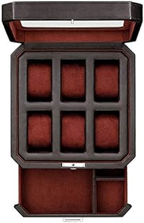 ROTHWELL 6 Slot Leather Watch Box with Valet Drawer - Luxury Watch Case Display Organizer, Men's Storage Boxes Holder Large Glass Top (Black / Red)