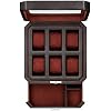 Gift Set 6 Slot Leather Watch Box with Valet Drawer & Matching Single Watch Winder - Luxury Case Display Organizer, Locking Mens Jewelry Watches Holder, Men's Storage Boxes Glass Top Black/Red