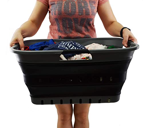 Image of SAMMART 42L (11 gallon) Collapsible Plastic Laundry Basket - Foldable Pop Up Storage Container /Organizer - Portable Basket - Space Saving Hamper /Basket (2, Grey /Black)
