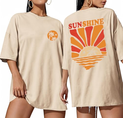 ADOREJOY Oversized Tshirts for Women Crewneck Summer Graphic Tees Short Sleeve Loose Basic Tops, Khaki Coconut Tree,L